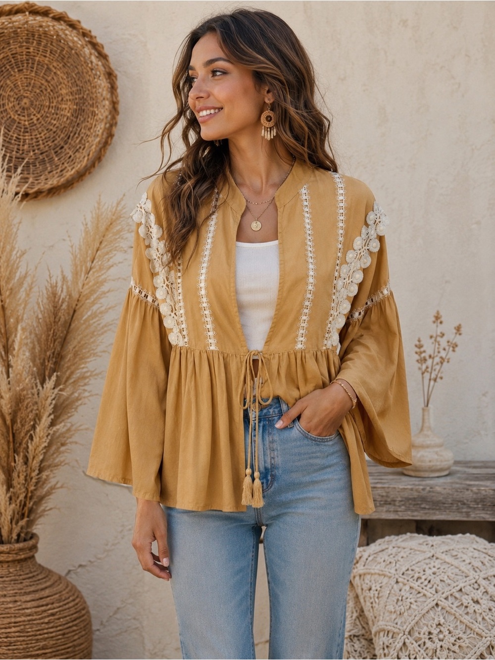 Barok Paris Boho Mustard Crochet Embroidered Bell Sleeve Tie-Front Blouse Top